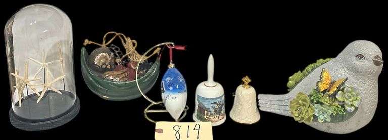 LOT OF DECOR ITEMS TO INCLUDE PAUL REVERE BELL, LENOX 1985 BELL ORNAMENT, STARFISH SCULPTURE ON WOODEN BASE WITH DOMED LID, HANGING OWL IN HAMMOCK DECORATOR PIECE, ANOTHER ORNAMENT ON STAND image