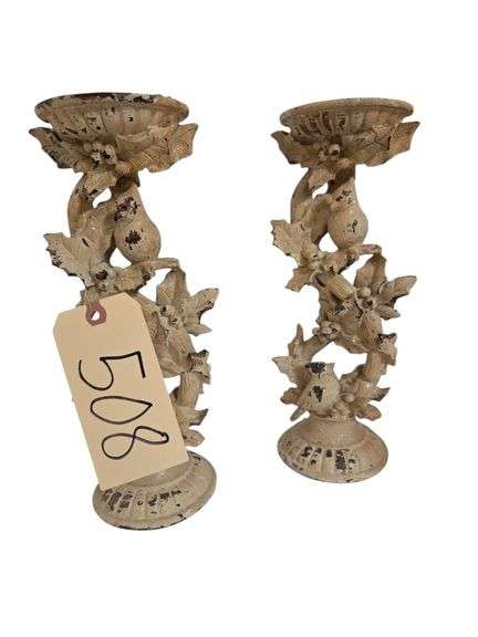 2 DISTRESSED-LOOK CANDLEHOLDERS W/ HOLLY AND CARDINAL DESIGN image