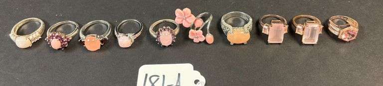 10 STERLING SILVER RINGS W/ PINK MORGANITE, PINK SAPPHIRE, OTHER PINK STONES, VARYING STYLES OF RINGS - 1.64 TROY OZ, 51.19 GRAMS - SIZES FROM 5-8 image