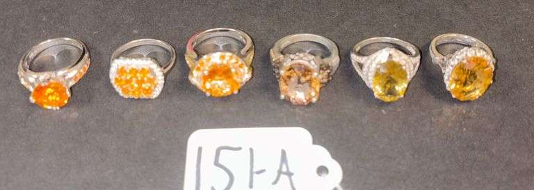 6 STERLING 925 RINGS W/ AMBER STONES - 37 GRAMS, 1.19 TROY OZ INCLUDING STONES - SIZES 6-8 image