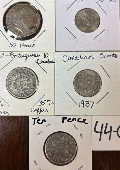 5 FOREIGN COINS, 1 1960 PORTUGUESE 65% SILVER COIN, 1937 CANADIAN 5 CENTS, MALAYSIAN 10 SEN, 2013 UNITED KINGDOM 50 PENCE, 2005 TEN PENCE COIN image