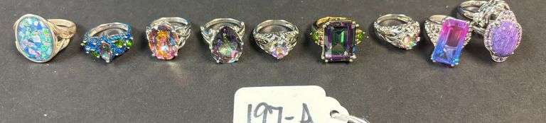 9 STERLING SILVER RINGS, SOME MULTICOLOR STONES, 1 PURPLE STONE, VARYING STYLES OF RINGS - 1.86 TROY OZ, 57.88 GRAMS - SIZES 5-7 image