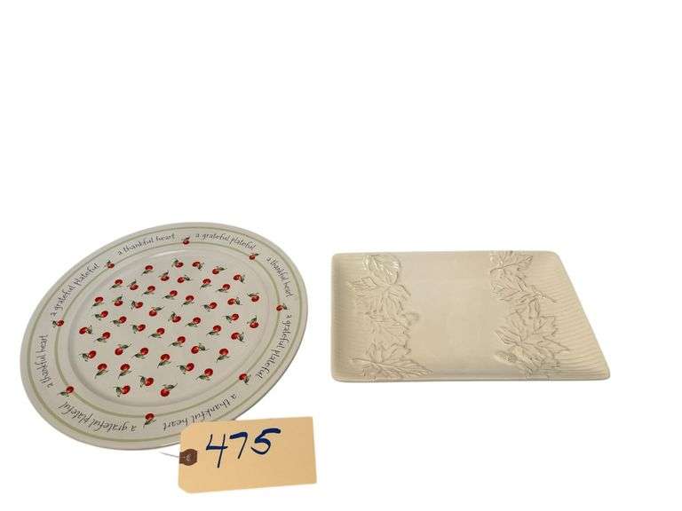 HALLMARK PLATTER WITH THANKFUL AND GRATEFUL WORDS AROUND THE EDGE AND CHERRY SYMBOLS IN CENTER, HALLMARK LEAF AND ACORN PATTERN RECTANGLE PLATTER image