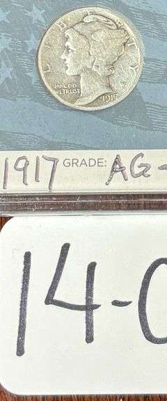 U.S. 1917 MERCURY SILVER DIME, AG-3, IN HARD PLASTIC CASE image