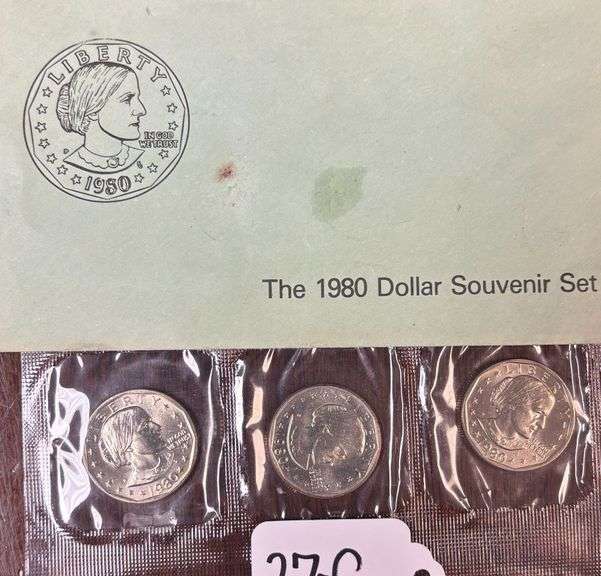 3 UNITED STATES SUSAN B. ANTHONY DOLLAR COINS, UNCIRCULATED 1980 SOUVENIR SET, DENVER, SAN FRANCISCO, PHILADELPHIA MINTS IN ORIGINAL ENVELOPE image
