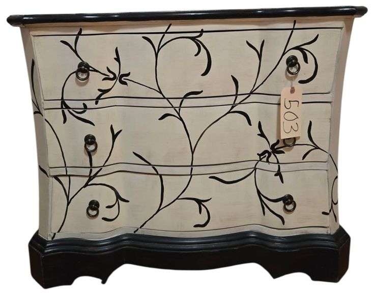 SERPENTINE 3-DRAWER CHEST OF DRAWERS WITH BLACK AND WHITE FLORAL/VINE PATTERN image