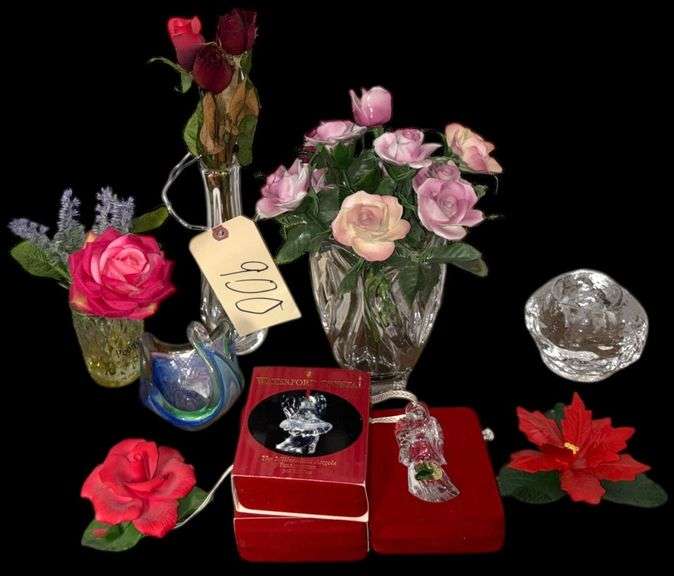 THREE WATERFORD CRYSTAL ORNAMENTS, CAPODIMONTE FLOWERS, WATERFORD CRYSTAL VASE WITH RESIN TYPE FLOWERS, WATERFORD BUD VASE, OTHER MISC. PIECES image