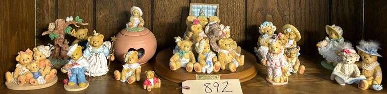 SHELF LOT OF ENESCO CHERISHED TEDDY FIGURINES - APPROXIMATELY 12 FIGURES TO INCLUDE A LARGE 'CELEBRATING 10 CHERISHED YEARS' FIGURE, LARGER 'EMBRACE THE EARTH' PIECE, LIDDED CHERISHED TEDDY CANDLE HOLDER, ETC. image