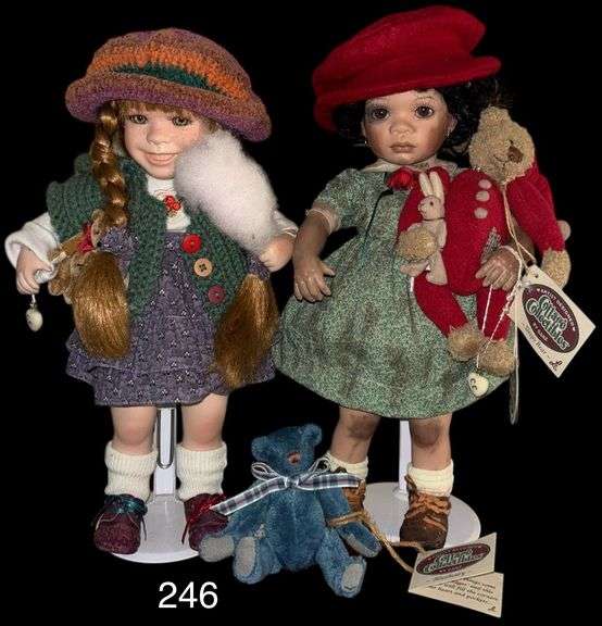 2 COTTAGE COLLECTIBLES PORCELAIN DOLLS APPROX. 14” TALL W/ TEDDY BEARS image