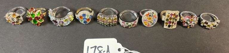 10 STERLING SILVER RINGS W/ MULTICOLOR STONES, VARYING STYLES - 62.55 GRAMS, 2.01 TROY OZ - SIZES RANGE FROM 5 TO 8 3/4 image