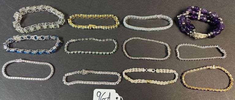 12 STERLING 925 BRACELETS, RUBY, PURPLE AMETHYST STONES, EMERALD GREEN, CLEAR, BLUE SAPPHIRE, ETC. image