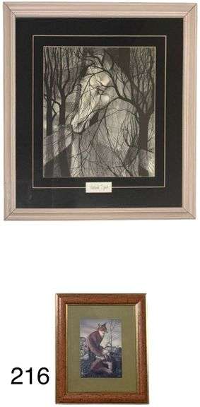 WOODLAND SPIRIT FRAMED & MATTED PRINT (VIEWING AREA APP. 9.25 X 10.5 INCHES) SIGNED P BUCKLEY MOSS, #890 - PLUS SMALL FRAMED & MATTED FOX PRINT (4.5 X 3.5 INCHES) image