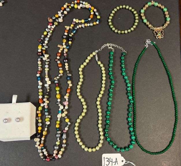 CULTURED/FRESHWATER TYPE PEARL NECKLACES, GREEN, LIGHT GREEN, MULTICOLOR, 925 STERLING CLASPS, 2 BRACELETS, PAIR PEARL TYPE EARRINGS image