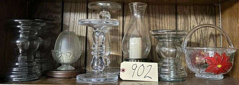 SEVEN PIECES OF GLASSWARE - FAIRY LAMP, POINSETTIA DECORATED BASKET, CANDLE STANDS, ETC. image
