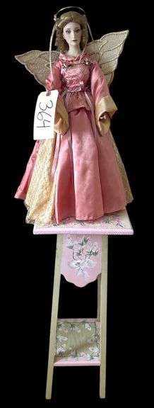 FRANKLIN MINT 20" HEIRLOOM ANGEL PORCELAIN DOLL ON FLORAL PAINTED CANDLE STAND - STAND IS APPROXIMATELY 28" TALL - TOP OF STAND MEASURES 10.5" X 10.5" image