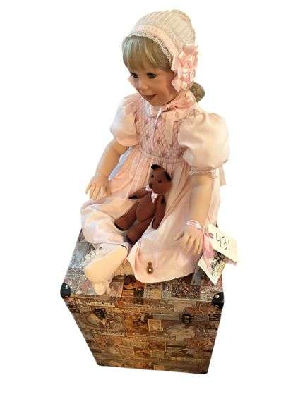 ONE GREAT AMERICAN DOLL COMPANY 26" BABY PRISCILLA DOLL WITH VICTORIAN THEMED DOLL TRUNK image