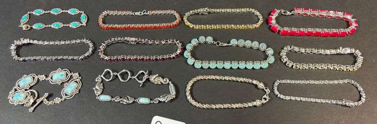 12 STERLING 925 BRACELETS W/ ASSORTED STONES, JADE, RUBY, AMETHYST, OTHERS image