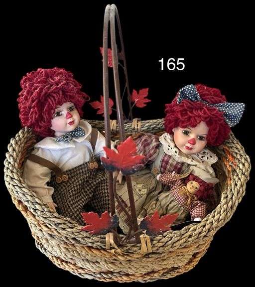 VINTAGE SEYMOUR MANN APPROX. 13” RAGGEDY ANN AND ANDY DOLLS W/ SMALL SPRINGFORD DOLL IN DECORATIVE WOVEN BASKET W/ METALLIC AUTUMN LEAVES HANDLE image