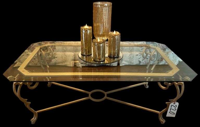 NICE, QUALITY END TABLE WITH METAL BASE AND SHAPED, BEVELED GLASS TOP (MATCHES LOTS 218 AND 219) image