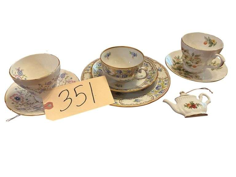 3 SETS OF CUPS AND SAUCERS - AVON BLUE BLOSSOMS, DUCHESS FINE CHINA IN DOGWOOD PATTERN (JAPAN), 3 PIECE BAVARIAN BONE CHINA CUP/SAUCER/CAKE PLATE, WITH A BONUS ROYAL ALBERT ORNAMENT image