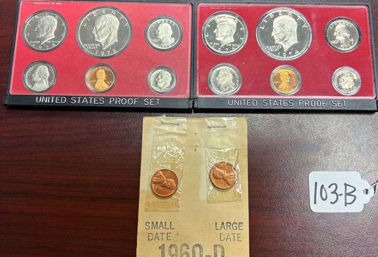 1974 AND 1978 UNITED STATES PROOF SETS IN HARD PLASTIC CASE, 1960-D LINCOLN PENNIES, SMALL DATE AND LARGE DATE image