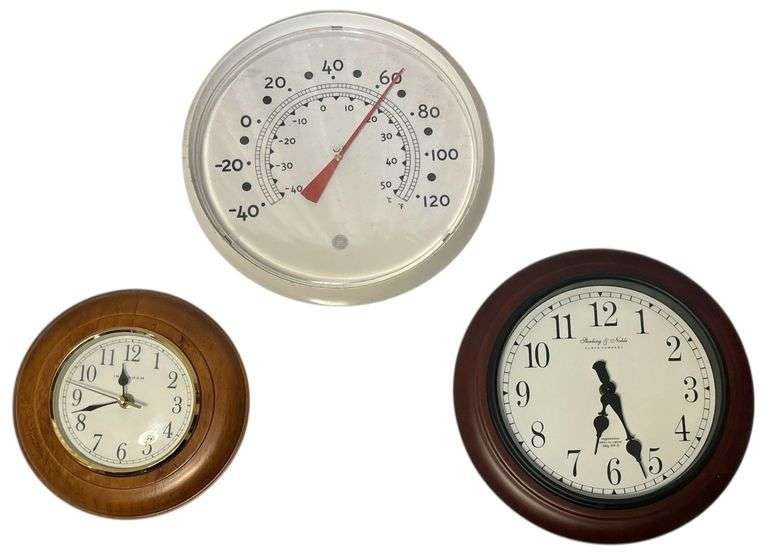 INGRHAM WALL CLOCK, STERLING & NOBLE WALL CLOCK, WALL-HANGING THERMOMETER image