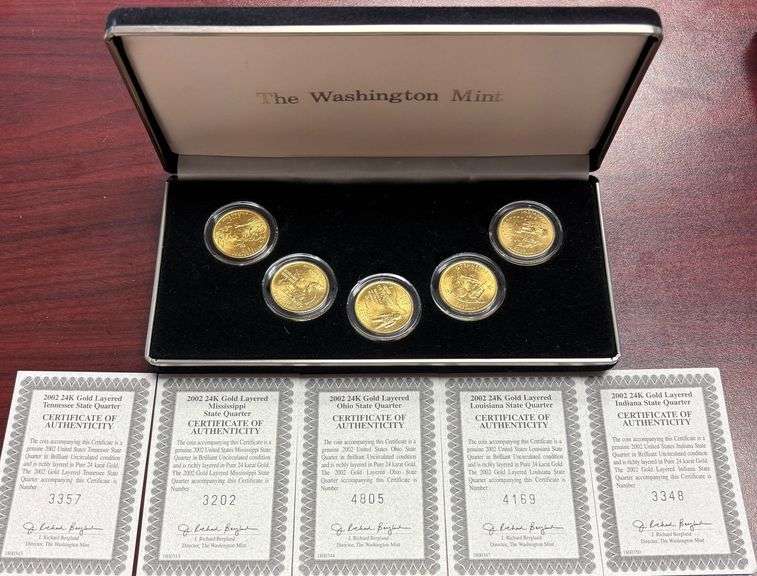 2002 5 STATE QUARTERS LAYERED IN 24K GOLD BY THE WASHINGTON MINT - TENNESSEE, MISSISSIPPI, OHIO, LOUISIANA, INDIANA - WITH 5 COAS - COMES IN A BLACK VELVET CASE image