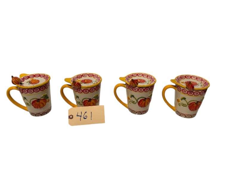 4 TEMP-TATIONS PUMPKIN PATCH 16 OUNCE MUGS WITH LIDS AND SPOONS image