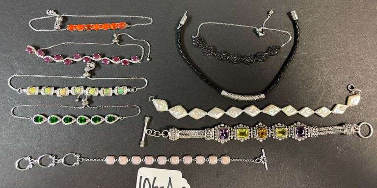 9 STERLING 925 BRACELETS, EMERALD, PINK, MULTICOLOR, BLACK, ORANGE, PINK, ETC. STONES image