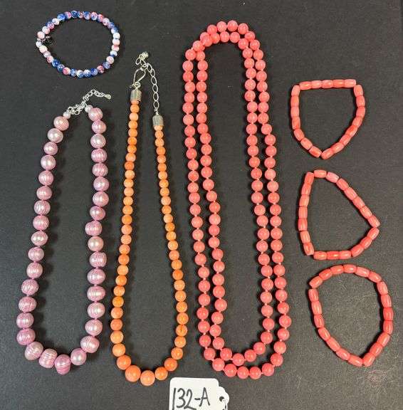3 PINK CULTURED PEARL NECKLACES, 2 W/ STERLING CLASPS, 3 PINK BRACELETS, 1 MULTICOLOR STONE BRACELET image