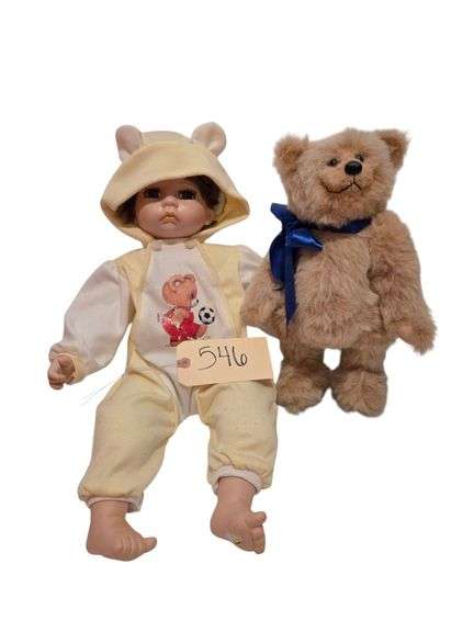 ASHLEY BELLE PORCELAIN DOLL APPROX. 22”, DEBBIE’S TEDDIES “PHOOPHY” STUFFED BEAR W/ METAL STAND image