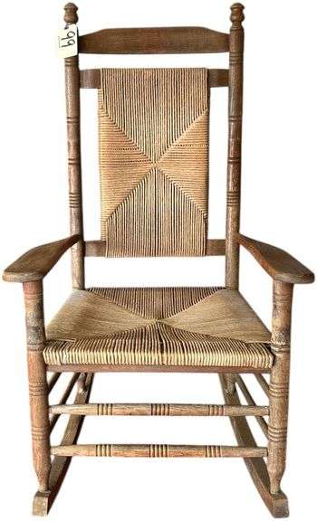 ANTIQUE WOODEN ROCKING CHAIR WITH WOVEN FIBER RUSH SEAT AND BACK image