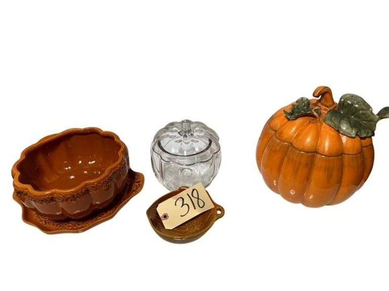 PUMPKIN BOWL WITH MATCHING TRAY, CLEAR GLASS PUMPKIN, HALLMARK ACORN SHAPED DISH, PUMPKIN SOUP TUREEN WITH LADLE image