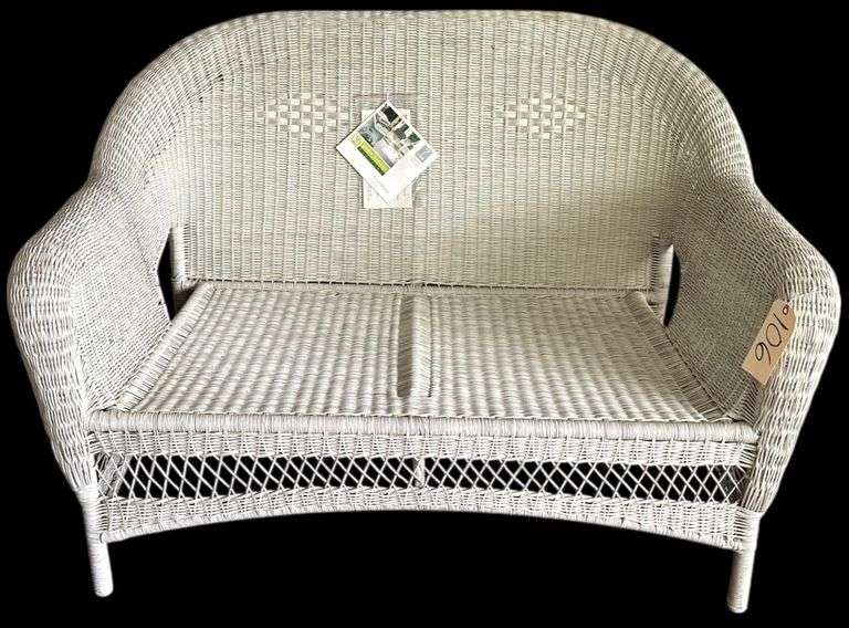 GARDEN TREASURES WHITE WICKER LOVESEAT WITH FAN BACK AND LATTICE BASE TRIM - MATCHES LOT #100 image