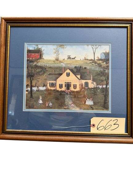 FRAMED PRINT OF RURAL FOLK ART SCENE BY LINDA NELSON STOCKS 1992 - FARMHOUSE WITH BARN image