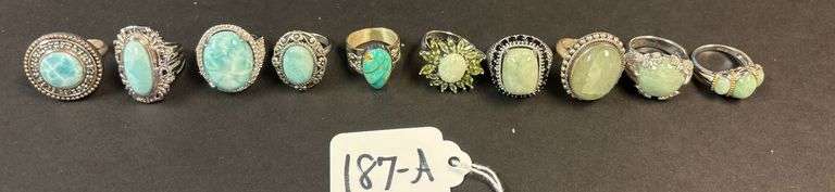 10 STERLING SILVER RINGS W/ JADE AND LARIMAR STONES - 2.7 TROY OZ, 86.50 GRAMS - SIZES RANGE FROM 5 3/4 TO 8 image