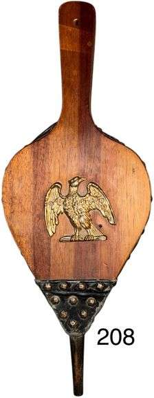 VINTAGE WOODEN FIREPLACE BELLOWS WITH APPLIED BRASS EAGLE - APPEARS TO BE IN VERY GOOD CONDITION image