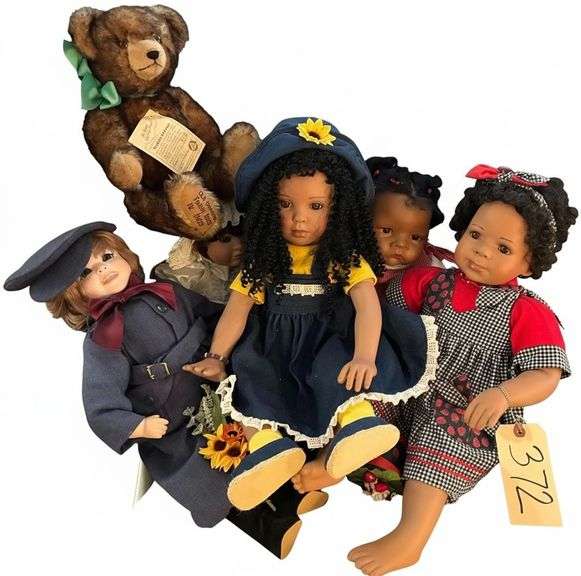 6 ITEMS (INCLUDES 5 DOLLS AND 1 BEAR) - BEAR IS A HERMANN GERMAN BEAR - 3 DOLLS ARE ETHNIC image