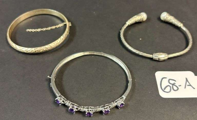 3 STERLING 925 BANGLE STYLE BRACELETS, 1 W/ PURPLE AMETHYST STONES (STAINLESS STEEL FASTENERS) - 42 GRAMS, 1.35 TROY OZ image