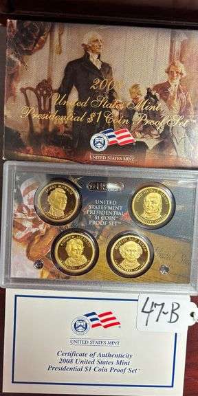2008 UNITED STATES MINT PRESIDENTIAL $1 COIN PROOF SET IN BOX WITH COA - MONROE, ADAMS, JACKSON, VAN BUREN image