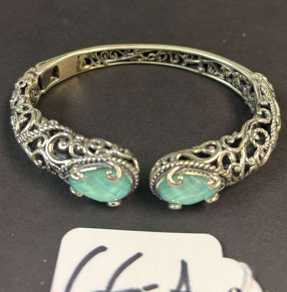 STERLING 925 BANGLE STYLE BRACELET, NICE CUT GREEN STONES, FILIGREE STYLE - 1.35 TROY OZ, 42.26 GRAMS INCLUDING STONES image