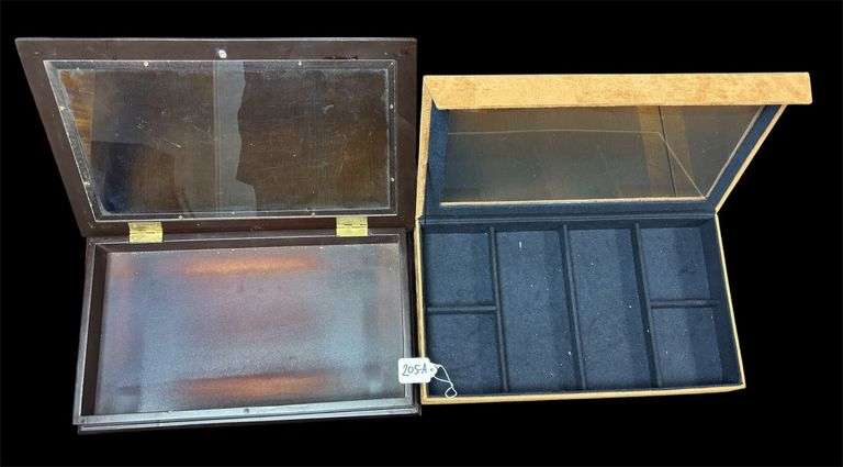 TWO JEWELRY DISPLAY BOXES, 1 WOOD, 1 SUEDE TYPE TEXTURE image
