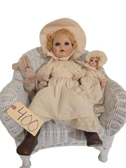 MAUD HUMPHREY COLLECTION BY SEYMOUR MANN PORCELAIN DOLL APPROX. 25” STANDING LENGTH W/ NICE WICKER DOLL CHAIR image