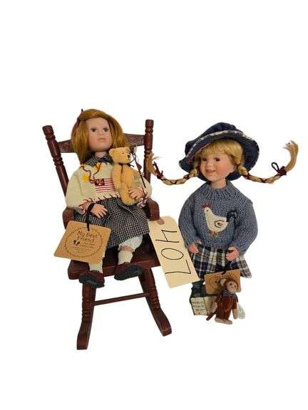 2 BOYDS BEARS “MY BEST FRIEND” COLLECTION  PORCELAIN DOLLS APPROX. 13” TALL - SHANNON & TRISTA W/ WOODEN DOLL ROCKER image