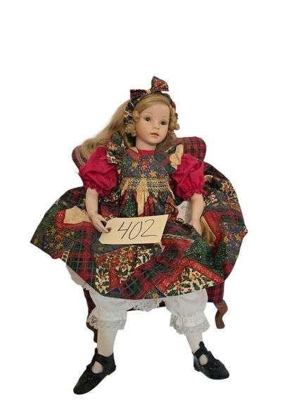 “CHRISTINA” BY PAULINE JACOBSON #88/950 PORCELAIN DOLL W/ NICE UPHOLSTERED BOYDS DOLL CHAIR APPROX. 18” TALL image