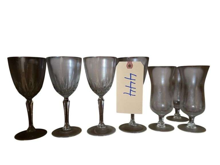 3 FOOTED HURRICANE GLASSES, 4 CRYSTAL WINE GLASSES image