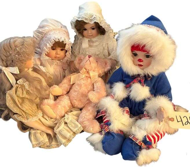 5 PORCELAIN DOLLS AND ONE STUFFED BEAR image