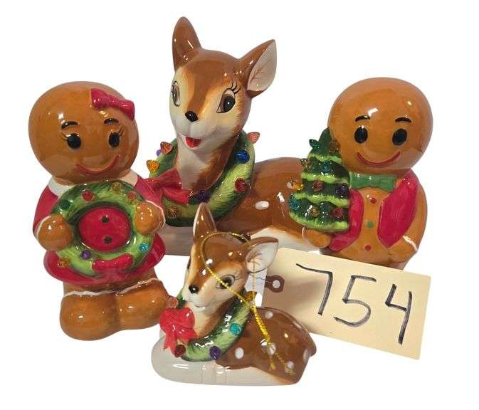 LIGHTED CERAMIC REINDEER, REINDEER ORNAMENT, 2 LIGHTED GINGERBREAD MEN image