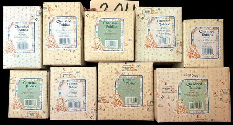 NINE CHERISHED TEDDY FIGURINES IN BOXES: JERRY, ENGLAND, BE MINE, CHERYL & CARL, PRISCILLA, ETC. - ZOOM IN FOR MORE DETAILS AND NUMBERS image