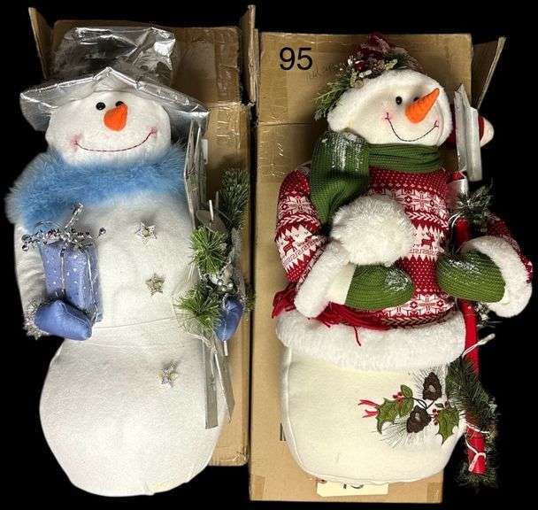 2 LARGE PLUSH CHRISTMAS SNOWMAN DECORATIONS WITH FABRIC CLOTHING, SCARVES, AND SEASONAL ACCENTS image